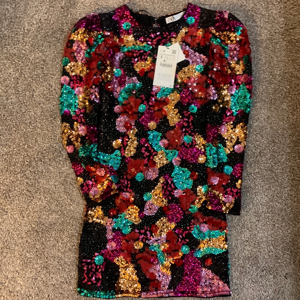 Zara Sequin Puff Sleeve Mini Party Dress